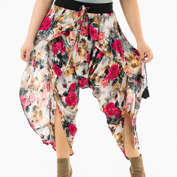 Buddha Pants Pants - Flap Harem Pant Open Side Tasseled Drawstring Yoga Travel Beach Floral Pink Kira